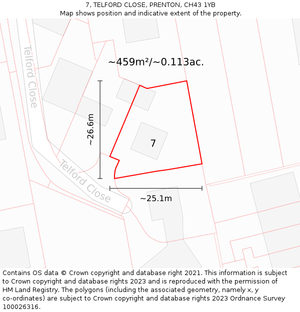 7, TELFORD CLOSE, PRENTON, CH43 1YB: Plot and title map