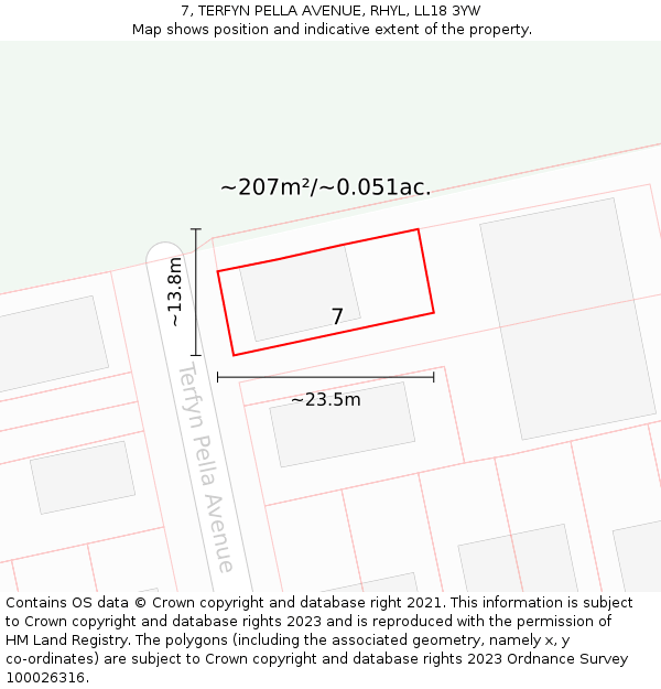 7, TERFYN PELLA AVENUE, RHYL, LL18 3YW: Plot and title map