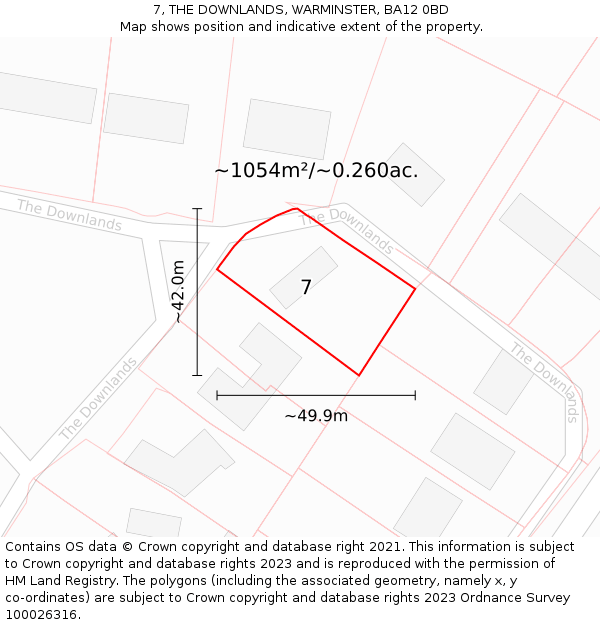 7, THE DOWNLANDS, WARMINSTER, BA12 0BD: Plot and title map