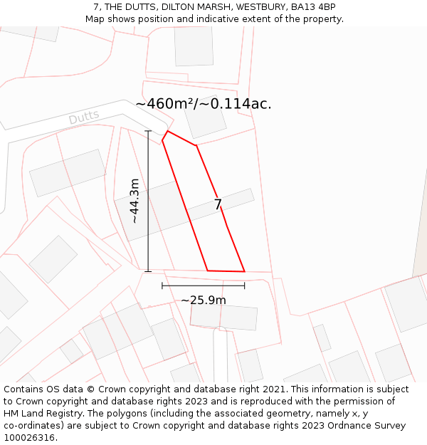 7, THE DUTTS, DILTON MARSH, WESTBURY, BA13 4BP: Plot and title map