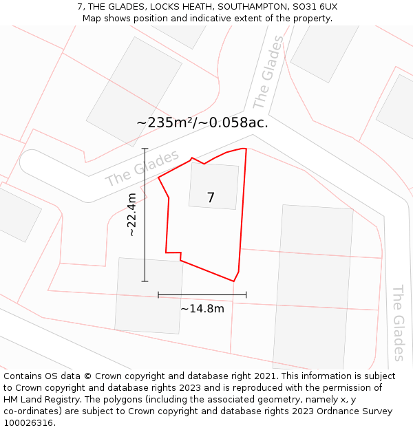 7, THE GLADES, LOCKS HEATH, SOUTHAMPTON, SO31 6UX: Plot and title map