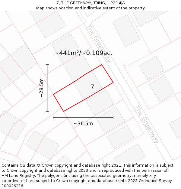 7, THE GREENWAY, TRING, HP23 4JA: Plot and title map