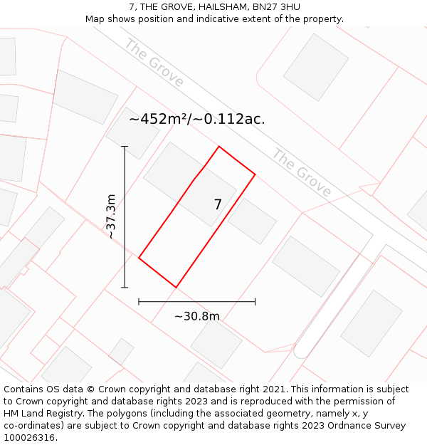 7, THE GROVE, HAILSHAM, BN27 3HU: Plot and title map