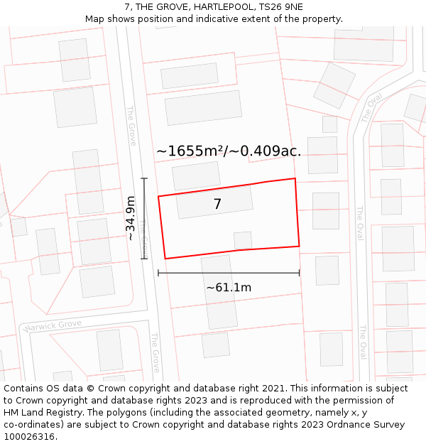 7, THE GROVE, HARTLEPOOL, TS26 9NE: Plot and title map