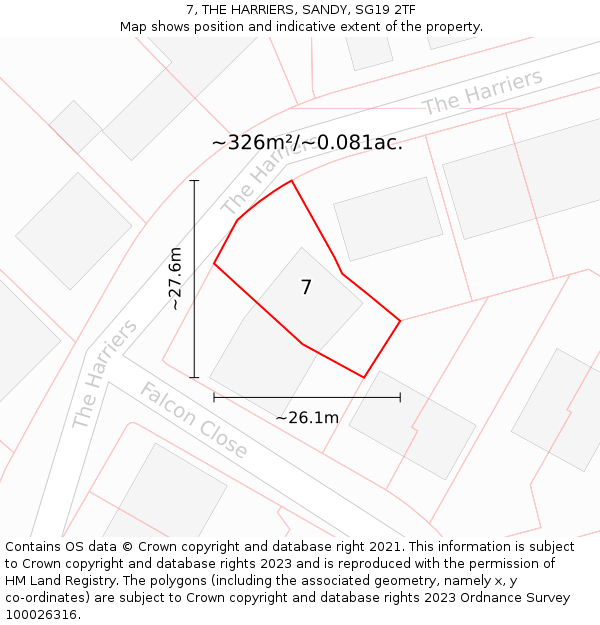 7, THE HARRIERS, SANDY, SG19 2TF: Plot and title map