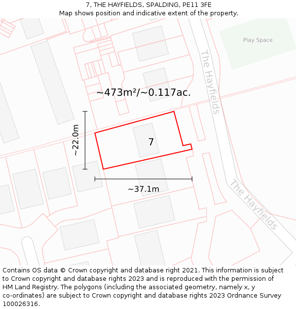 7, THE HAYFIELDS, SPALDING, PE11 3FE: Plot and title map