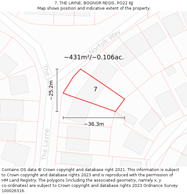 7, THE LAYNE, BOGNOR REGIS, PO22 6JJ: Plot and title map