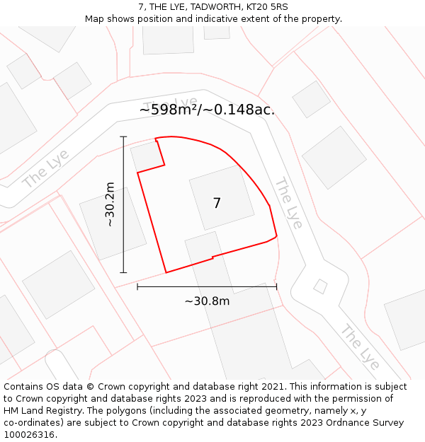 7, THE LYE, TADWORTH, KT20 5RS: Plot and title map