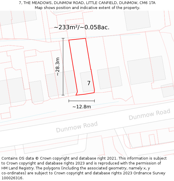 7, THE MEADOWS, DUNMOW ROAD, LITTLE CANFIELD, DUNMOW, CM6 1TA: Plot and title map