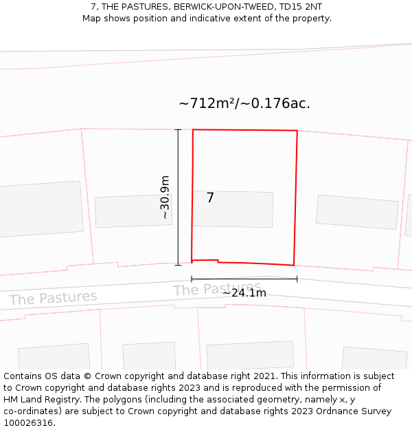 7, THE PASTURES, BERWICK-UPON-TWEED, TD15 2NT: Plot and title map