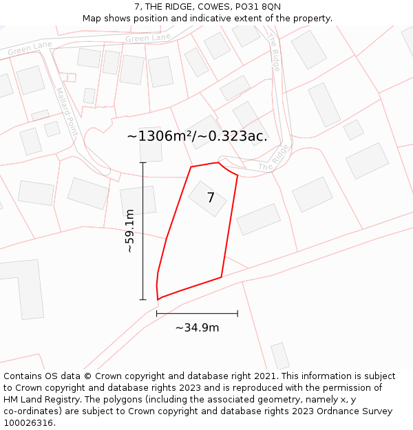 7, THE RIDGE, COWES, PO31 8QN: Plot and title map