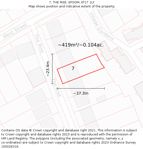 7, THE RISE, EPSOM, KT17 1LY: Plot and title map