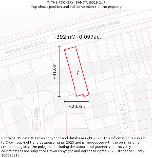 7, THE ROOKERY, SANDY, SG19 2UR: Plot and title map