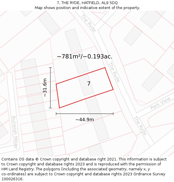 7, THE RYDE, HATFIELD, AL9 5DQ: Plot and title map