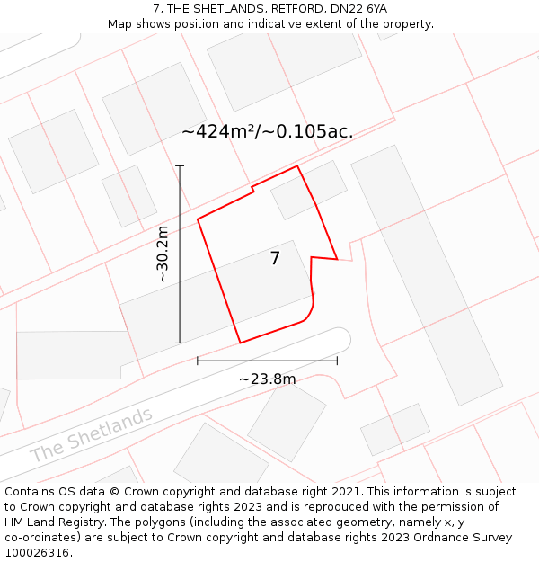 7, THE SHETLANDS, RETFORD, DN22 6YA: Plot and title map