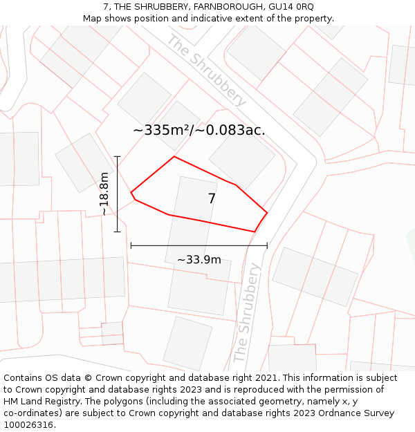 7, THE SHRUBBERY, FARNBOROUGH, GU14 0RQ: Plot and title map