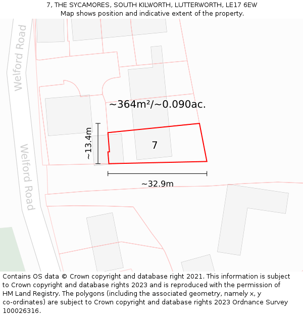 7, THE SYCAMORES, SOUTH KILWORTH, LUTTERWORTH, LE17 6EW: Plot and title map