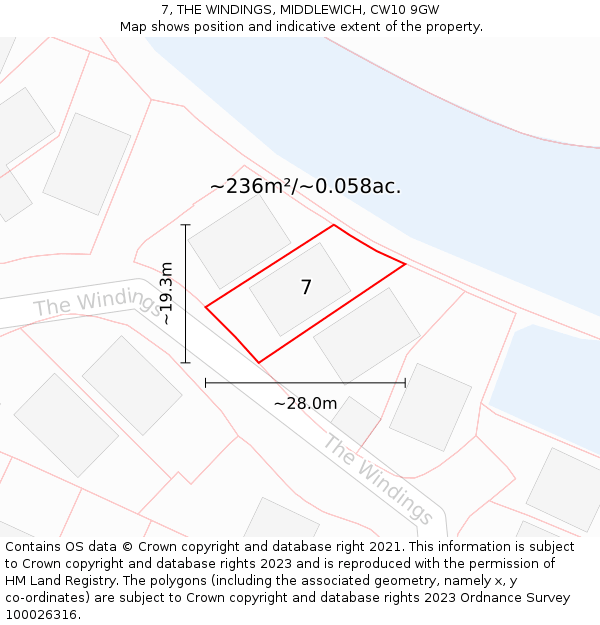 7, THE WINDINGS, MIDDLEWICH, CW10 9GW: Plot and title map