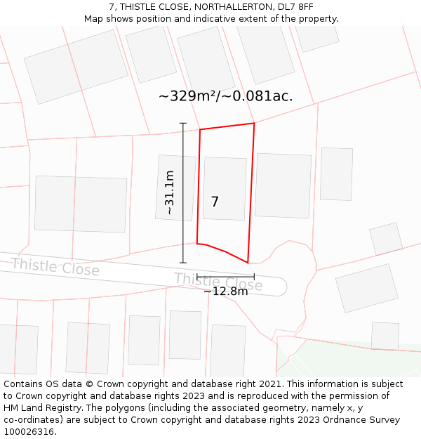 7, THISTLE CLOSE, NORTHALLERTON, DL7 8FF: Plot and title map