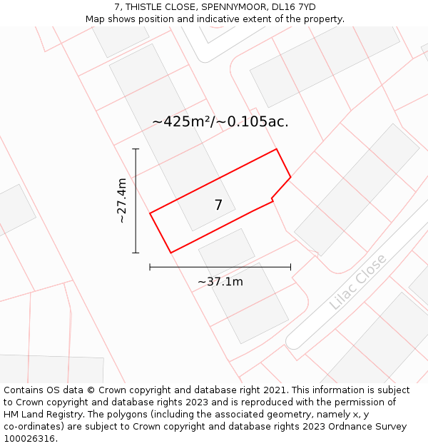 7, THISTLE CLOSE, SPENNYMOOR, DL16 7YD: Plot and title map