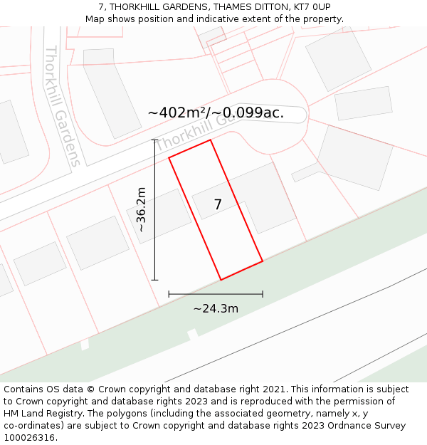 7, THORKHILL GARDENS, THAMES DITTON, KT7 0UP: Plot and title map