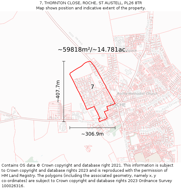 7, THORNTON CLOSE, ROCHE, ST AUSTELL, PL26 8TR: Plot and title map