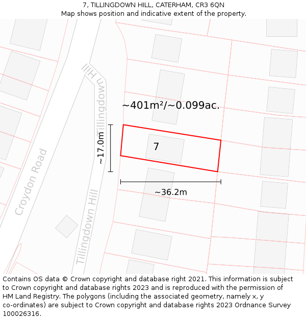 7, TILLINGDOWN HILL, CATERHAM, CR3 6QN: Plot and title map