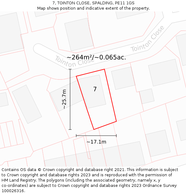 7, TOINTON CLOSE, SPALDING, PE11 1GS: Plot and title map