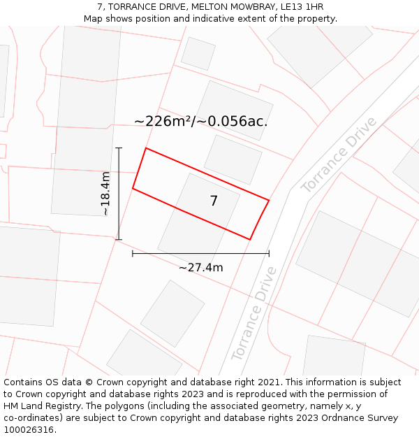 7, TORRANCE DRIVE, MELTON MOWBRAY, LE13 1HR: Plot and title map