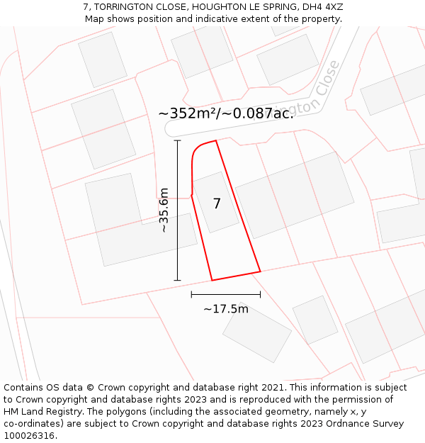 7, TORRINGTON CLOSE, HOUGHTON LE SPRING, DH4 4XZ: Plot and title map