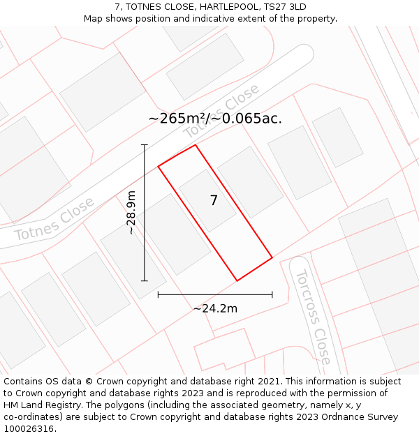 7, TOTNES CLOSE, HARTLEPOOL, TS27 3LD: Plot and title map