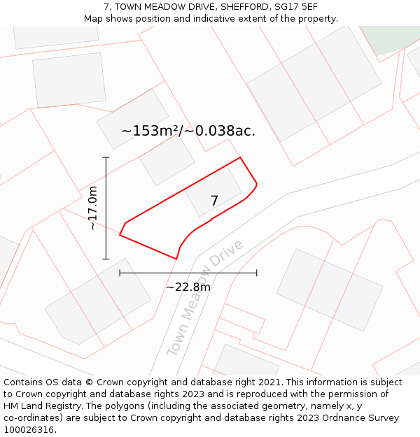 7, TOWN MEADOW DRIVE, SHEFFORD, SG17 5EF: Plot and title map