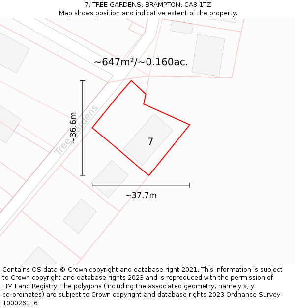 7, TREE GARDENS, BRAMPTON, CA8 1TZ: Plot and title map