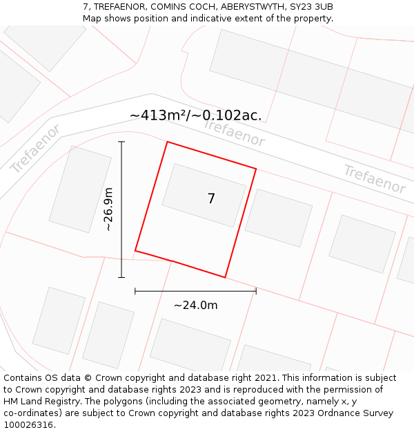 7, TREFAENOR, COMINS COCH, ABERYSTWYTH, SY23 3UB: Plot and title map