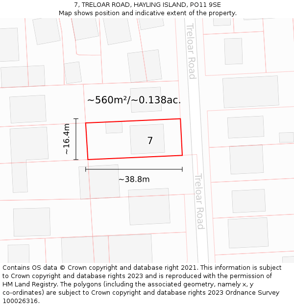 7, TRELOAR ROAD, HAYLING ISLAND, PO11 9SE: Plot and title map