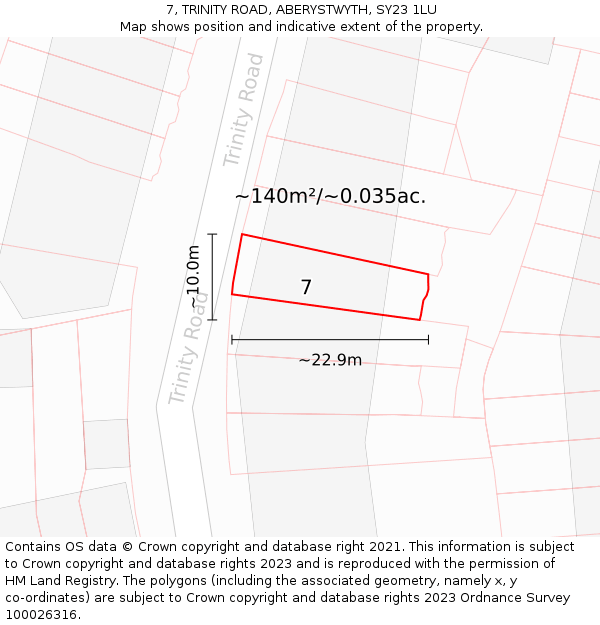 7, TRINITY ROAD, ABERYSTWYTH, SY23 1LU: Plot and title map