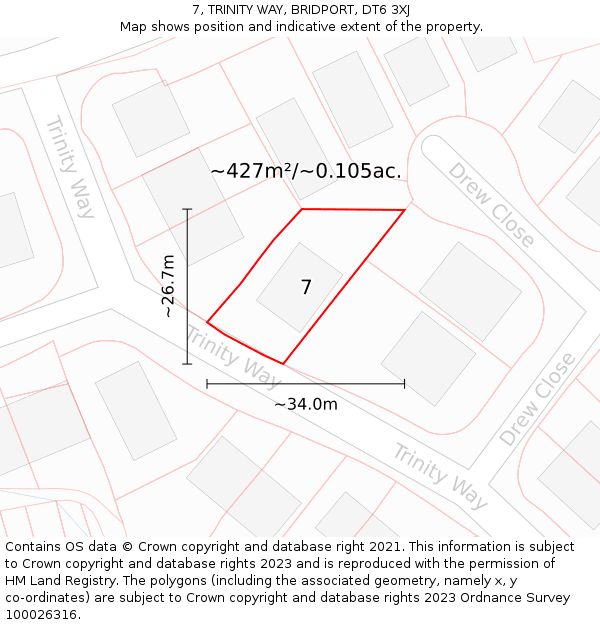 7, TRINITY WAY, BRIDPORT, DT6 3XJ: Plot and title map