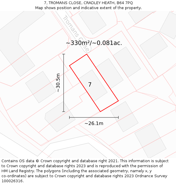 7, TROMANS CLOSE, CRADLEY HEATH, B64 7PQ: Plot and title map