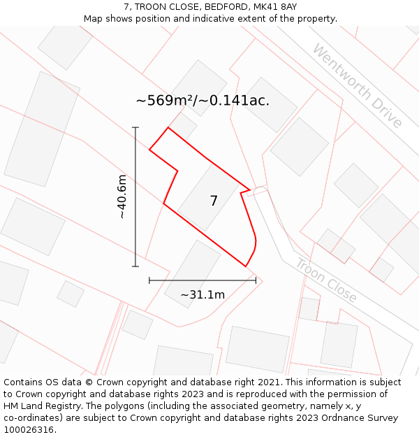 7, TROON CLOSE, BEDFORD, MK41 8AY: Plot and title map