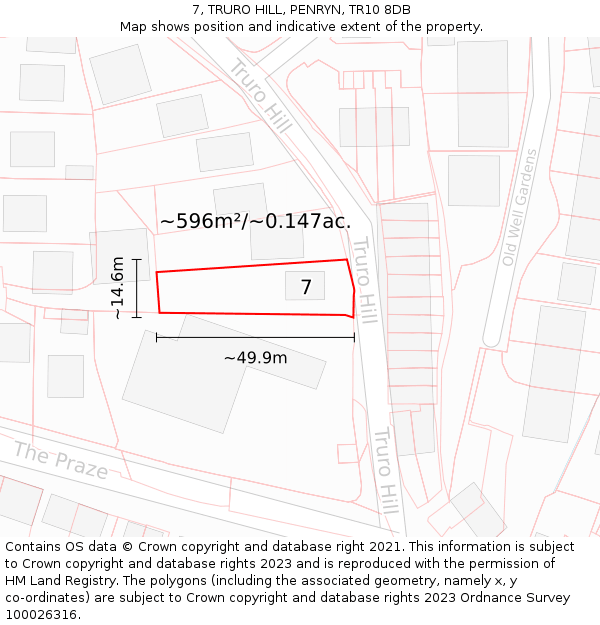 7, TRURO HILL, PENRYN, TR10 8DB: Plot and title map