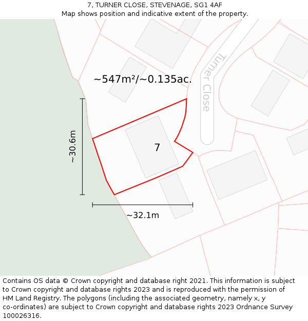 7, TURNER CLOSE, STEVENAGE, SG1 4AF: Plot and title map