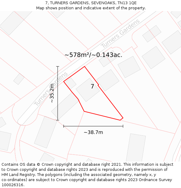 7, TURNERS GARDENS, SEVENOAKS, TN13 1QE: Plot and title map