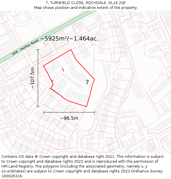 7, TURNFIELD CLOSE, ROCHDALE, OL16 2QF: Plot and title map