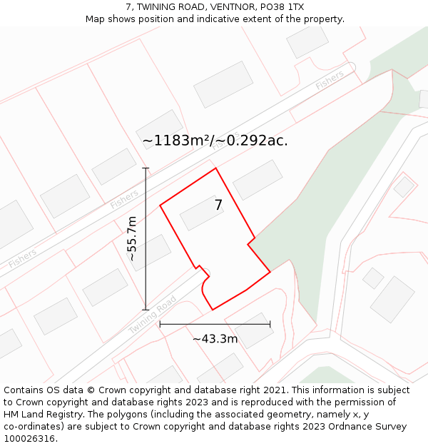 7, TWINING ROAD, VENTNOR, PO38 1TX: Plot and title map