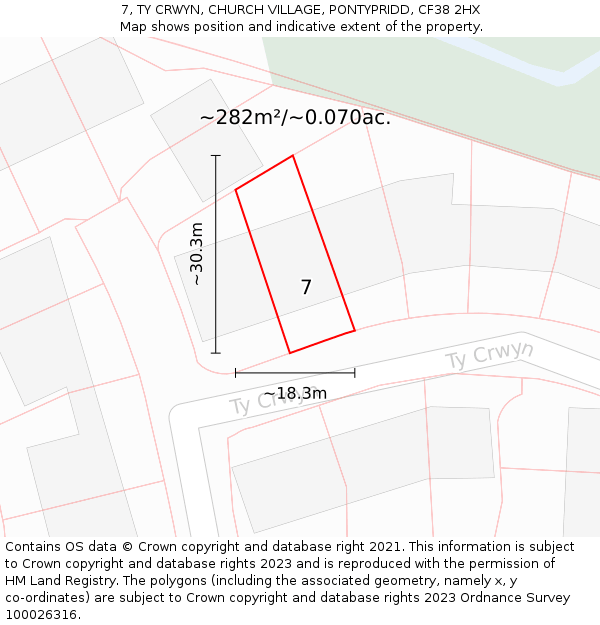 7, TY CRWYN, CHURCH VILLAGE, PONTYPRIDD, CF38 2HX: Plot and title map