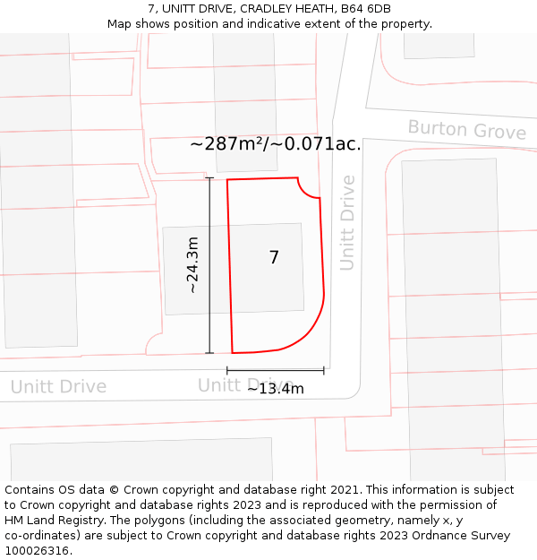 7, UNITT DRIVE, CRADLEY HEATH, B64 6DB: Plot and title map