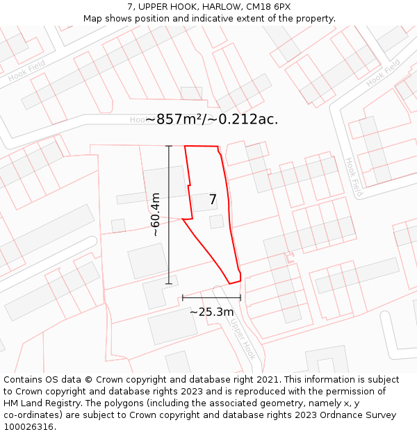 7, UPPER HOOK, HARLOW, CM18 6PX: Plot and title map