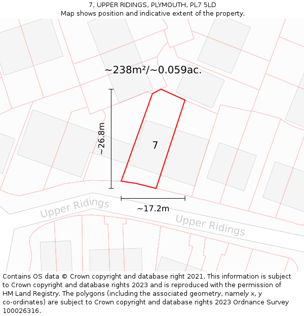 7, UPPER RIDINGS, PLYMOUTH, PL7 5LD: Plot and title map