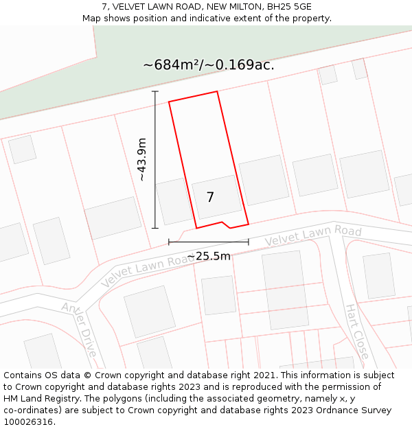 7, VELVET LAWN ROAD, NEW MILTON, BH25 5GE: Plot and title map