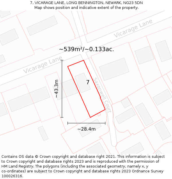 7, VICARAGE LANE, LONG BENNINGTON, NEWARK, NG23 5DN: Plot and title map